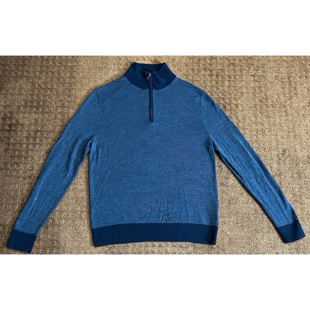 Brooks Brothers Sweater Mens Medium Blue 100% Merino Wool 1/4 Zip Mock Neck
